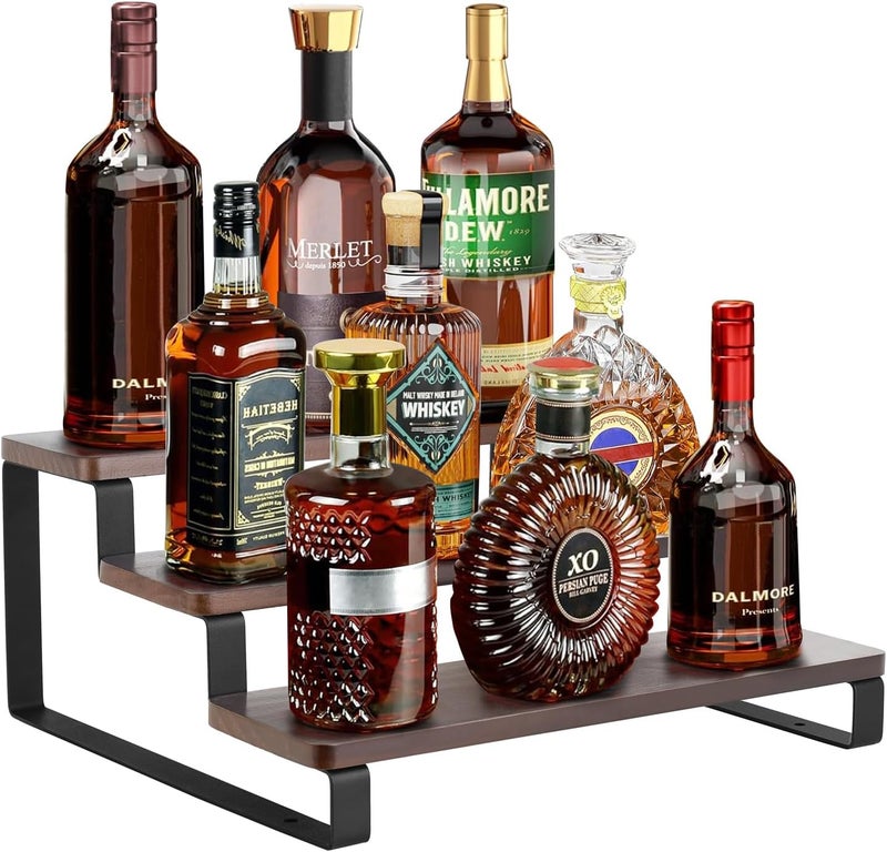Mkono Small Liquor Bottle Display Shelf 3 Tier Coffee Bar Accessories Rustic Syrup Stand Wine Racks Countertop for Whiskey Tabletop Kitchen,13 Inch - Image 1